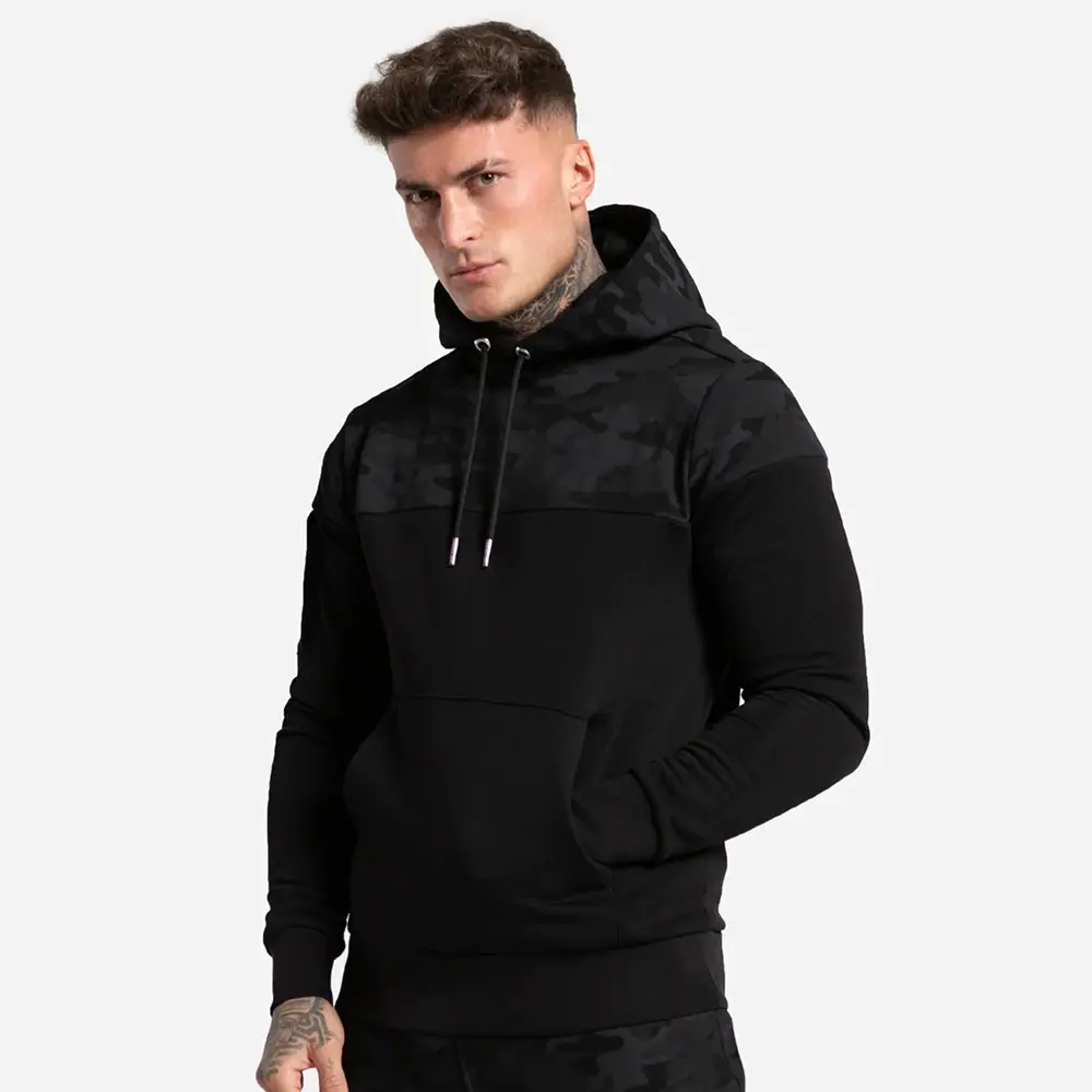Solid Color And Camo Design Men Hoodie Black customized Casual pullover men Hoodies