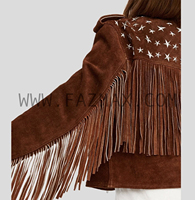JAKET MOTOR WANITA BERWARNA COKLAT DARI KULIT SUEDE BERHIAS PINGGIRAN DAN PAKU, YANG DAPAT DISEJUKKAN DAN BERBANTALAN