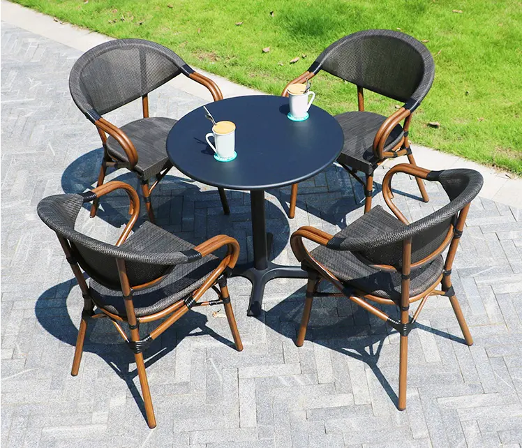 Modern restoran teras mobilya sandalye seti fransız Bistro sandalyeler dış mekan mobilyası bahçe sandalyesi Rattan alüminyum çevre dostu