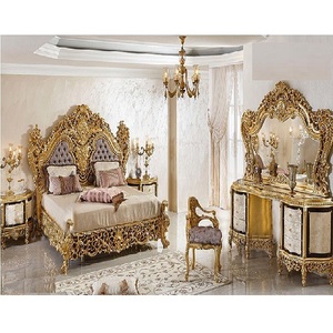 Classique européen Ensemble de Meubles de Chambre À Coucher De Luxe Or Sculpture En Bois Mobilier De Chambre Royal Sculpté À La Main de Style Chambre Ensembles - Product Image 1
