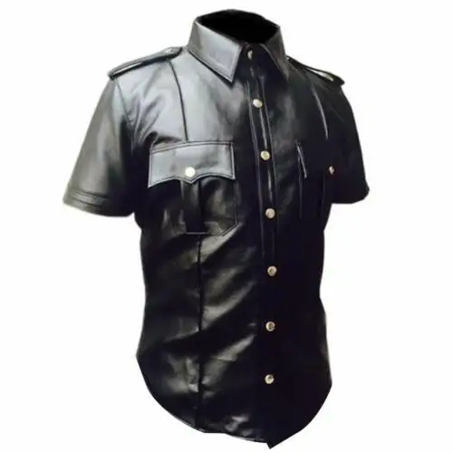 Men's Shirt Black Real Leather Soft Cuir Schwarz Top Bluf Gay 2024 New Design Plain Color Men Leather Shirt