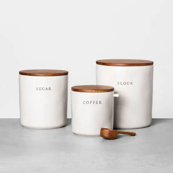 KSN — lot de 3 pistolets à café, thé et sucre pour aliments avec couvercle en bois, couleur blanche