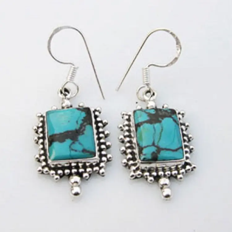 Indian Jewelry Natural Blue Turquoise 925 Sterling Silver Gemstone Handmade Silver Earring Wholesale Factory Price