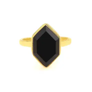 Best Selling Sterling Silver Non Tarnish Nickel Free Jewelry 18k Gold Plated 8x16mm Hexagon Cut Dainty Black Onyx Ring For Her