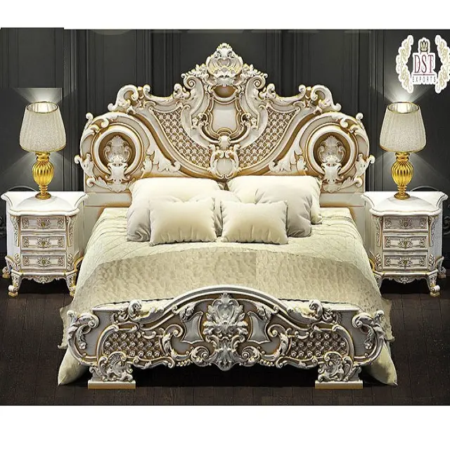 Mobiliário exclusivo de quarto, cama dupla branca premium de acabamento dourado para móveis de casa tamanho king
