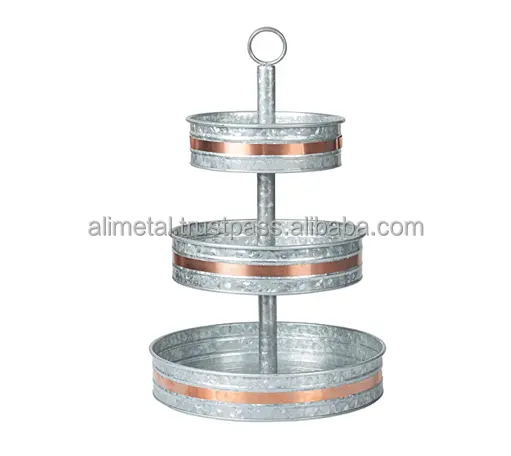 Customizable Galvanized 3-Tier Serving Stand With Copper Trim Metal Cake Tray Platter For Cake Dessert