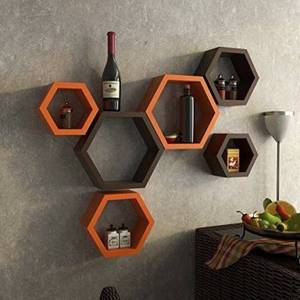 Étagère murale en bois de forme hexagonale, plusieurs tailles, 6 brunes et oranges - Product Image 2