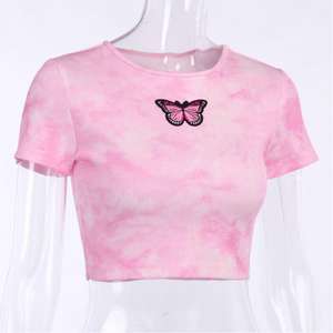 Tops cortos de mariposa rosa con tinte de corbata para mujer de calidad superior estilo informal hecho en fábrica - Product Image 6