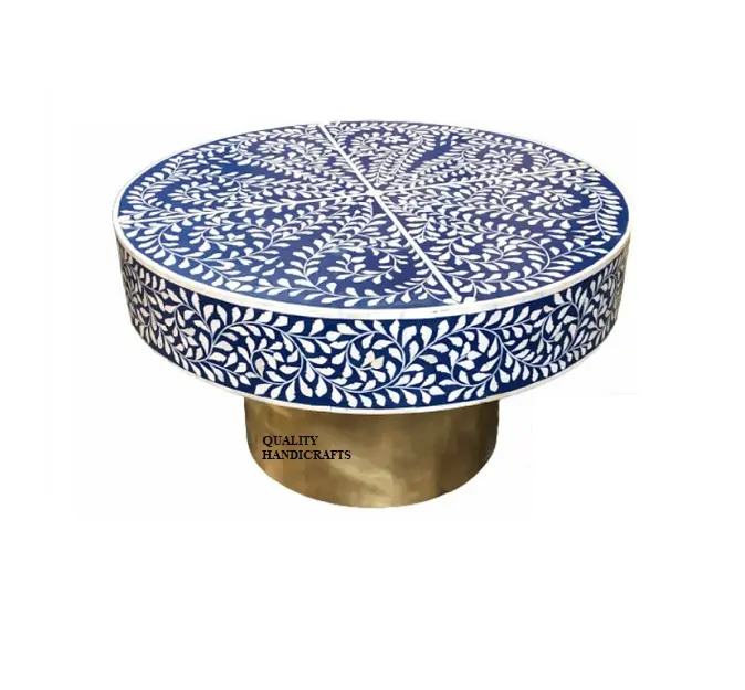 Offre Spéciale Incrustation Osseuse Florale Ronde Table Basse Avec Base en laiton Incrusté D'os Meubles Artisanat De l'inde