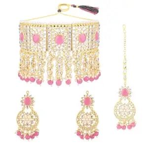 批发印度珠宝昆丹水晶镀金新娘项链珠宝套装制造，粉色