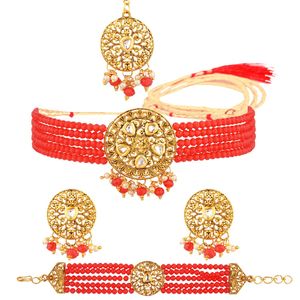 Kundan-Conjunto de collar con cuentas y perlas de imitación para mujer, Gargantilla nupcial, joyería, color rojo, chapado en oro - Product Image 1