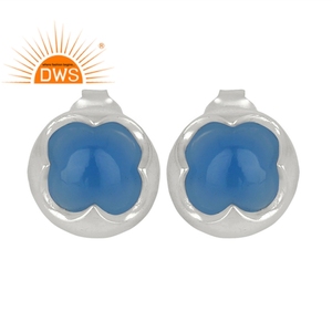 Bonitos pendientes de piedra preciosa azul de Calcedonia, proveedor de joyería, Mini pendientes de tuerca de Plata de Ley 925 sólida, joyería al por mayor - Product Image 1
