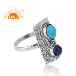 Oxidized 925 Sterling Silver Natural <b>Lapis</b> <b>Lazuli</b> And Turquoise Gemstone Bark Design Stackable <b>Ring</b> Jewelry For Women - Product Image 3