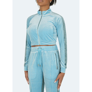Best Quality VELOUR PANELLED TRACK JACKET - BABY BLUE Zippered Women Jacket Custom Logos - Product Image 2