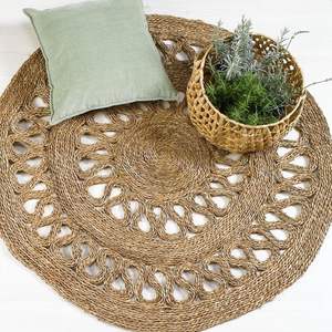 Handcrafted Boho Area Flat Woven Rug <b>Moroccan</b> Brown Natural Seagrass Cotton Oval Abstract for Living Room Natural Seagrass - Product Image 3