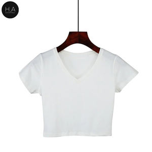 Top corto de algodón para mujer, Camiseta holgada informal blanca con cuello en V, camisetas de manga corta en 7 colores 2021 - Product Image 3