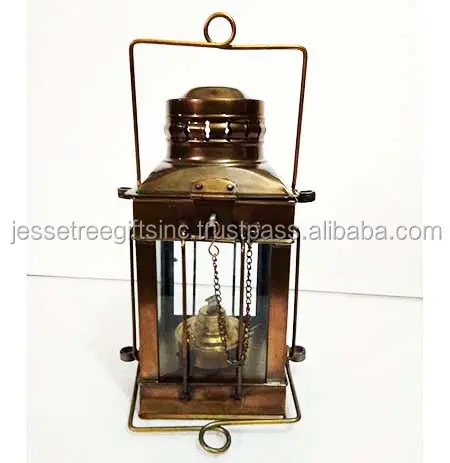 Metal Sheet & Clear Glass Panels Nautical Hanging Lantern With Copper Plating Finishing Wire Handle For Home Decoration