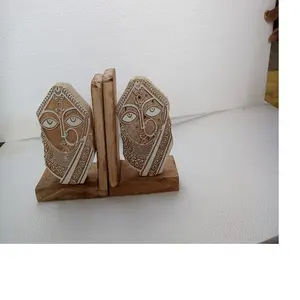customized hand carved wooden book ends in women's face for interior designers and home decoration stores made from mango wood