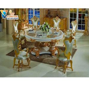 Hand <b>Carved</b> Teak <b>Wood</b> 6 Seater Round Dining Set Luxurious Gold Modern Royal Indian Design <b>Sale</b> - Product Image 1