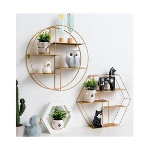 Ensemble de 2 étagères murales rondes et hexagonales, en fer doré fait main, pour la décoration intérieure - Product Image 1
