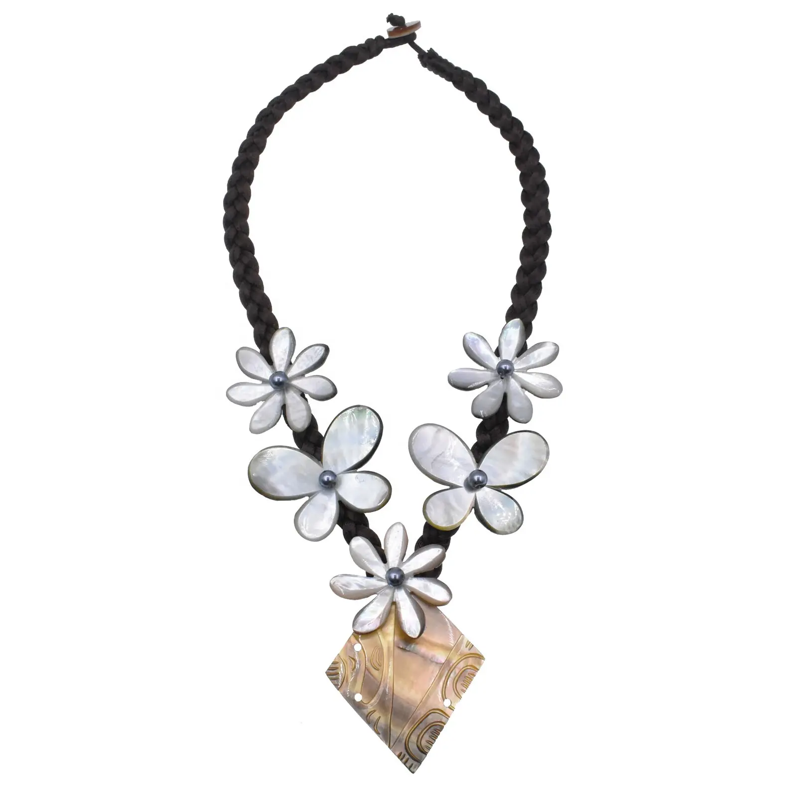 Hawaiian Fashion Jewelry Black Mother Of Pearl Flower Necklace Handmade Island Style Jewelry on Braided Cord