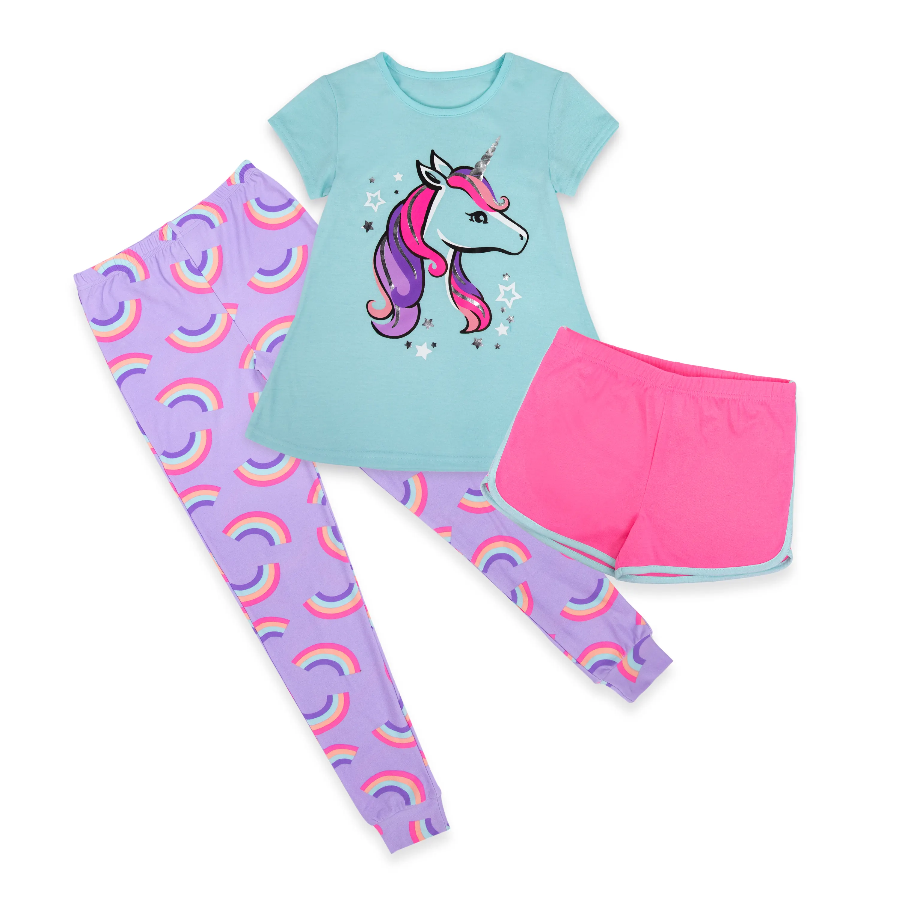 2020 Unicórnio menina Crianças Pijamas Roupas 3 Conjunto Pedaço Imprimir Curto l Elegante Animal l l OEM Personalizado Fabricante de Vestuário l Personalizado