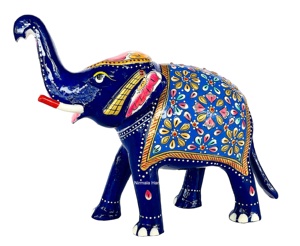 Figura de elefante de metal con trompa levantada, en pose de la suerte, pintada estilo Rajasthani, con esmalte Meenakari, hecha a mano. - Product Image 1