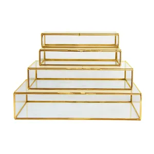 Rectangular Brass Glass Jewelry Box For Jewelry Keepsake Display Organizer Brass Clear Glass Rectangle Box For Keepsake