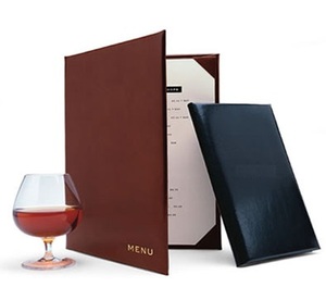 Cubierta de menú de cuero PU de diseño personalizado negro y marrón Durable tamaño A4 Carpeta de facturas de hotel al por mayor disponible - Product Image 1