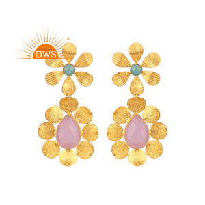 ร้อนขายชุบทองห้อยดอกไม้ต่างหูไฮโดรโรสอควา Chalcedony พลอยต่างหูผู้จัดจำหน่ายเครื่องประดับ - Product Image 1