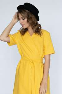 2026 Traditional Latest Design Yellow Color Crepe V-neck Normal Print Short Sleeve and <b>Knee</b>-<b>Length</b> Women Linen <b>Dress</b> - Product Image 4