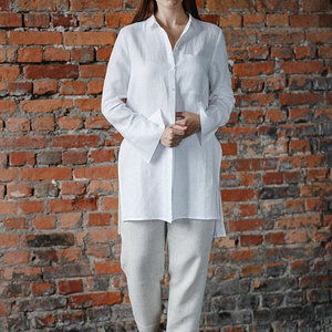 Vestido Camisero Largo de Lino 100% Blanco, Manga Larga, Corte Holgado, Cuello Camisero, Color Sólido, Transpirable, Formal, para Uso Diario de Verano - Product Image 1