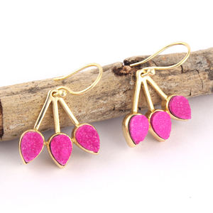 Fashionable Gold-Plated Women's Earrings Pear Shape Natural <b>Pink</b> Sugar Druzy Multi Stone for Wedding or Party <b>Gift</b>-Worthy - Product Image 3