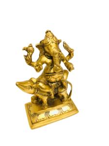 งานฝีมือนิรมลา รูปปั้นพระพิฆเนศทองเหลืองนั่งบนฐานมูชาค พร้อมรูปปั้นหนูวินายากา มูรตี ผลิตในรัฐราชสถาน ทำด้วยมือ - Product Image 4
