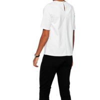 T-shirt décontracté pour femme à col rond et manches courtes, grande taille, en popeline de polyester, viscose et élasthanne, avec détail volanté long, teint uni