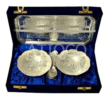 Silver Plated Indian Brass Bowl set With Spoon & Tray in Velvet Box for Corporate Gifts