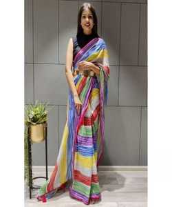 Bollywood Designer prêt à porter Lyra tissu Saree travail fleur broche fête porter impression numérique coloré Saree avec des vêtements indiens Bl - Product Image 6