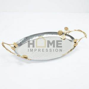 Plateau ovale en acier inoxydable pour artisanat moderne avec poignée en branches de feuilles de fleurs dorées pour les fournisseurs en gros - Product Image 1