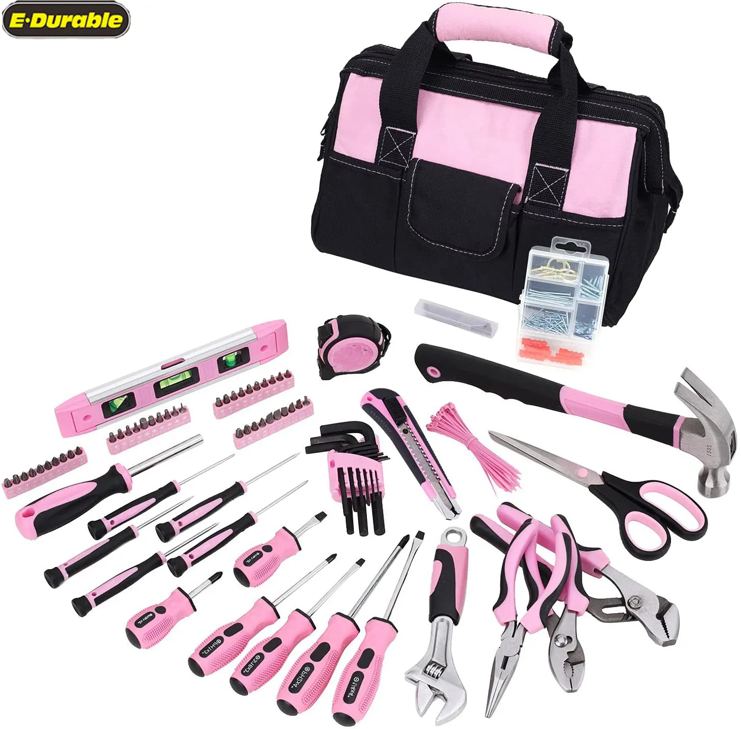 E-durable 220-Piece Lady's Home Repairing Tool Kit 12-Inch Wide Mouth Open Storage Tool Bag Pink Bicycle Repairing Tool Set