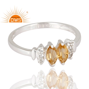Marquesa-anillo solitario de Plata de Ley 925 con citrino y topacio, joyería fina - Product Image 2