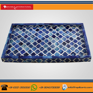 Plateau de service rectangulaire de luxe Replicartz en os bleu incrusté | Organisateur de table basse décoratif fait main pour la décoration intérieure - Product Image 3