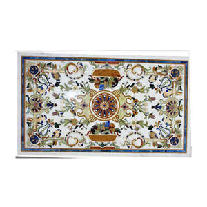 Plateaux de table à manger en marbre blanc, design incrusté fait à la main - Product Image 1