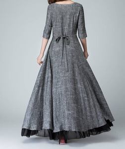 Vestido Maxi de Lino Gris para Mujer, con Forro de Algodón, Corte en A, Manga Corta, Sin Cuello, Dobladillo Asimétrico, Formal, Holgado, para Verano - Product Image 6
