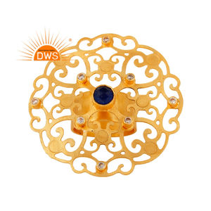 Filigree Flower Design 18k Gold Plated Brass Fashion Cocktail Ring Blue Aventurine Zircon Gemstone Ring Jewelry Supplier - Product Image 1
