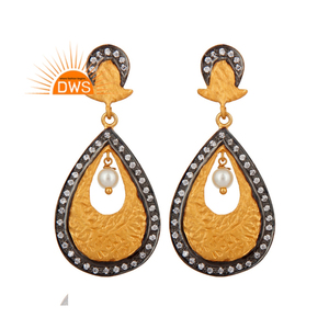 White Zircon and Pearl Gemstone Earrings Gold Plated Solid 925 Silver Designer Dangle Drop Earrings Jewelry Supplier - Product Image 1