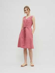 Trending latest design pink color crepe <b>fabric</b> v-neck sleeveless knee-length for girls <b>linen</b> dress - Product Image 2