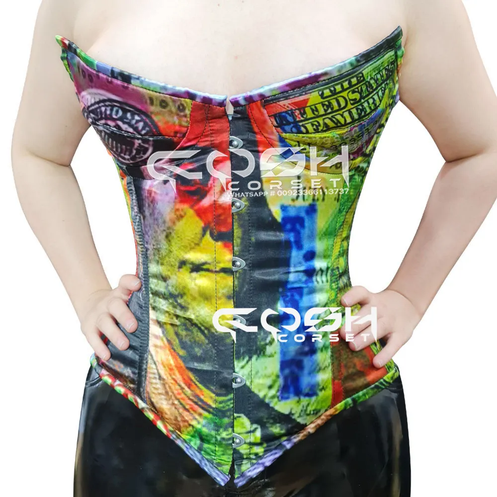 Corset en satin imprimé dollar sublimé imprimé numérique en acier surbuste avec lacets arrière réglables