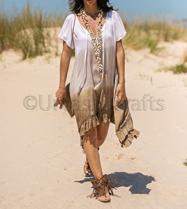 Robe d'été Femmes Sexy Col En V À La Main Cravate Teinture Court Bas de Manches À Volants Grande Taille Plage Couverture Ups - Product Image 3