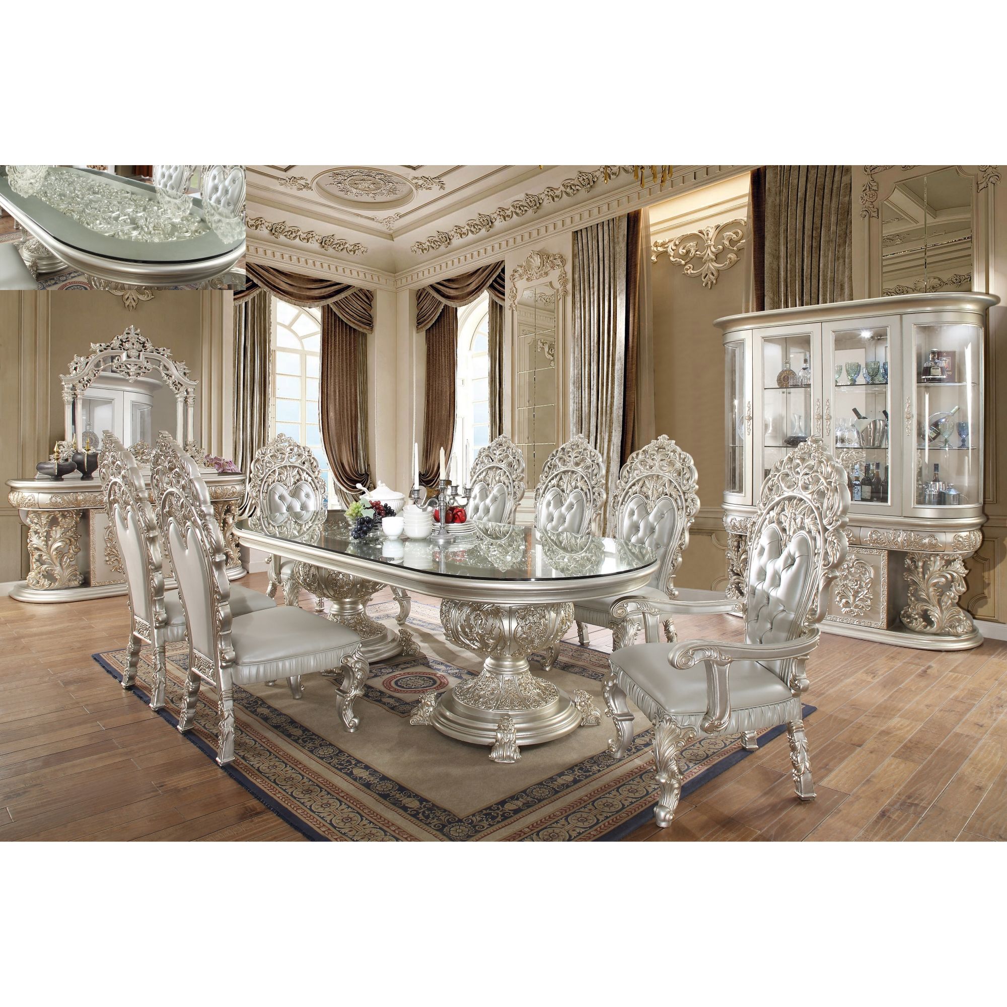 Luxurious Champagne Gold Silver Leaf Rectangle Hand Carving Dining Table Set Royal Home Furniture