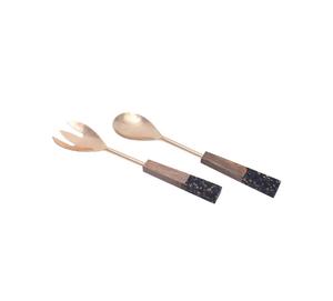 Ensemble de serveurs à salade en acier inoxydable de qualité standard plaqué or avec poignée en terrazzo en bois pour les événements de cuisine hôtel restaurant utilisés - Product Image 1